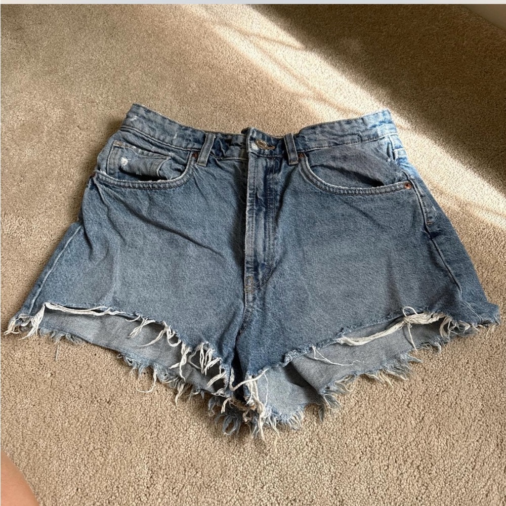 Zara Blue Jean Shorts with Distressed Hem